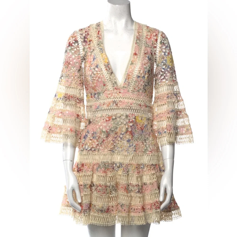 Zimmerman A Line Dress w Crochet Mesh Detailing and Beige w pink & purple Sz 6 - Picture 1 of 11